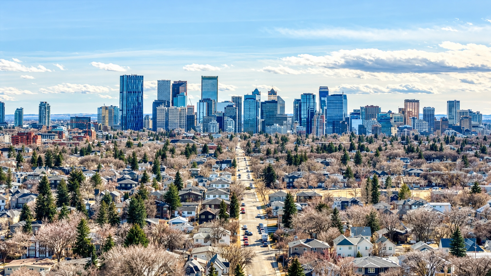 Calgary downtown skyline seen across an inner city residential neighbourhood