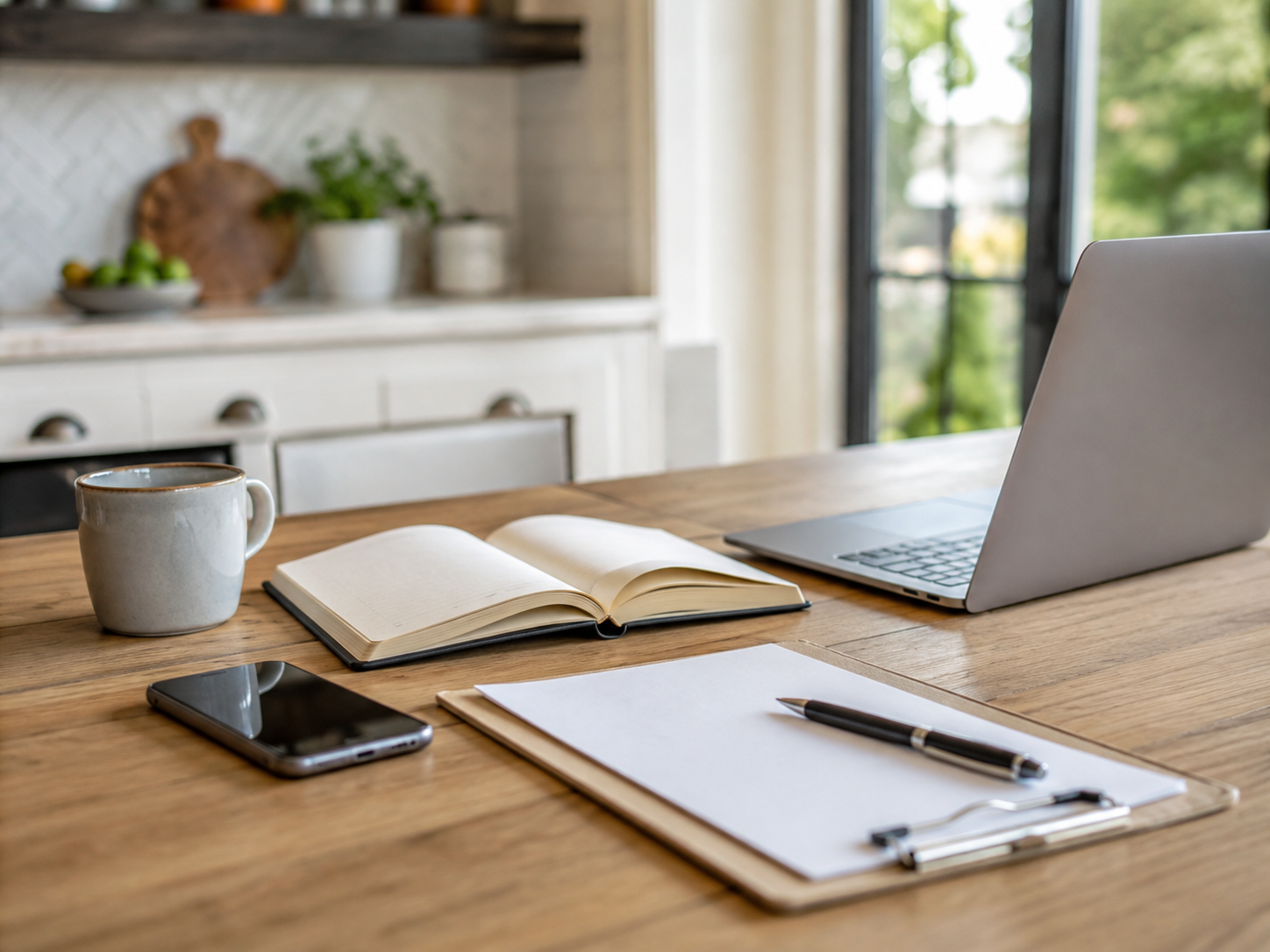 Notebook, coffee and laptop set out for a listing consultation at a Calgary kitchen table