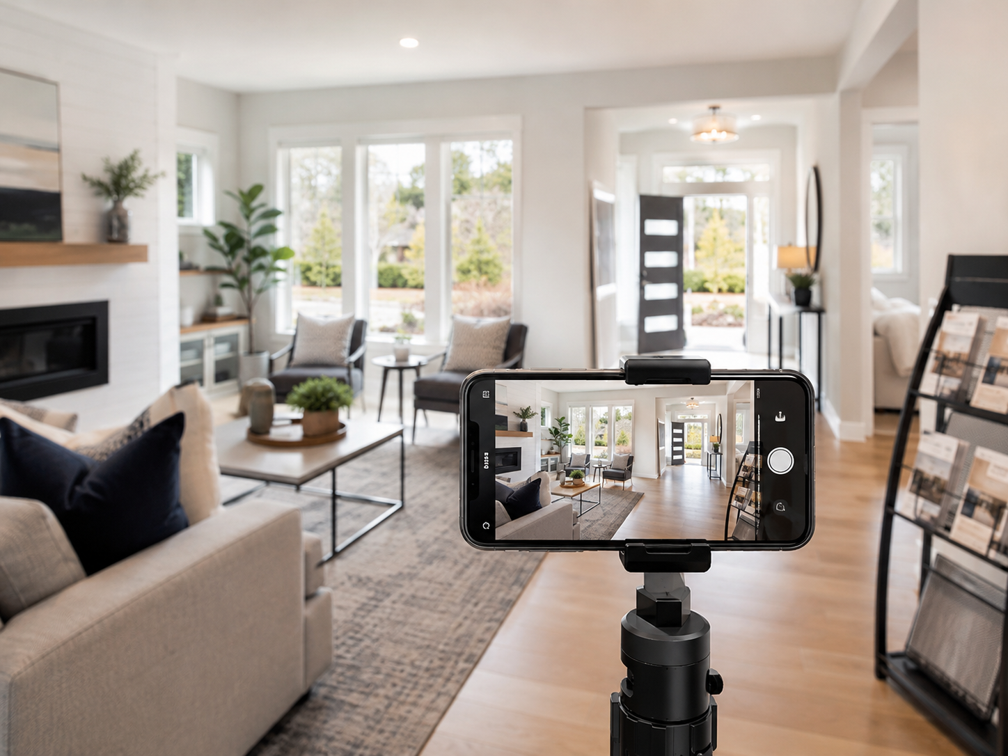 Phone on a tripod photographing a staged Calgary living room for an MLS listing